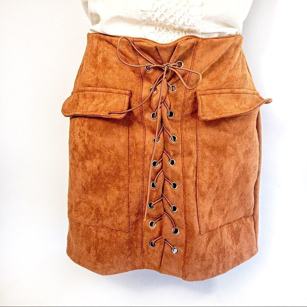 Faux Suede Lace-Up Sexy Cavegirl Tarzan Skirt Sz M